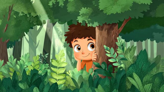 boy hiding behind a big tree