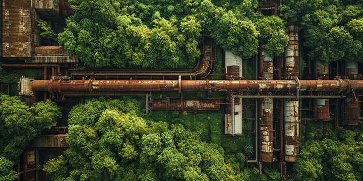 Aerial view of rusty industrial pipes overgrown by lush green trees, showcasing nature reclaiming industry, symbolizing environmental regeneration and sustainable future - Powered by Adobe