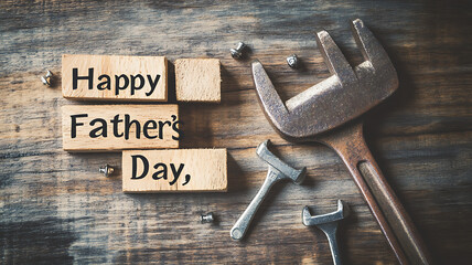 Happy Father's Day tools and wooden blocks on rustic wood, A Father's Day image featuring small wooden blocks spelling out "Happy Father's Day" on a rustic wooden surface.