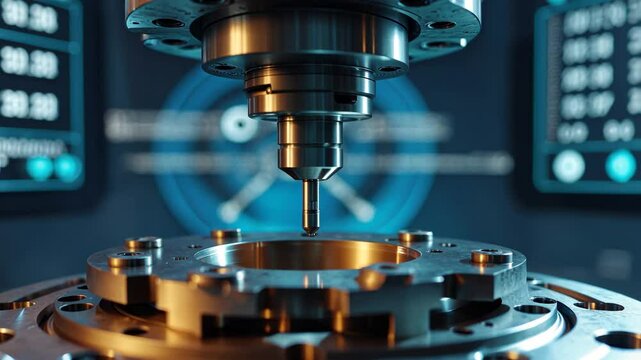 Abstract depiction of a CNC milling machine alongside a data backdrop. The process of cutting mold components using a machining center with a solid ball end mill.