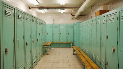 Row of green lockers in a school or office building setting