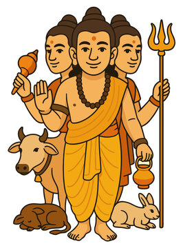 Indian God Shree Gurudev Datta Vector Illustration, Clean vector illustration of Hindu God, Hinduism, Bramha, Vishnu, Mahesh, Rabbit,cow, trishul, heads, Indian God, Shiva, mahadev