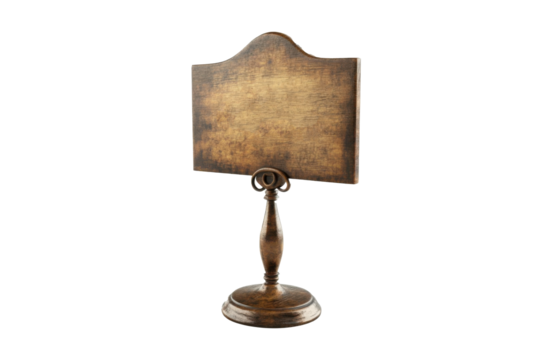 A blank, ornate wooden menu board with a scalloped top edge stands on a decorative wooden pedestal with a round base, isolated against a transparent background.