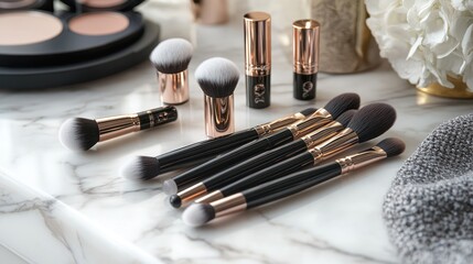 Luxe makeup brushes and cosmetics on marble.