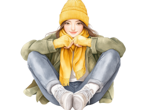 Serene woman in yellow scarf embraces nature's tranquility, a portrait of peaceful beauty