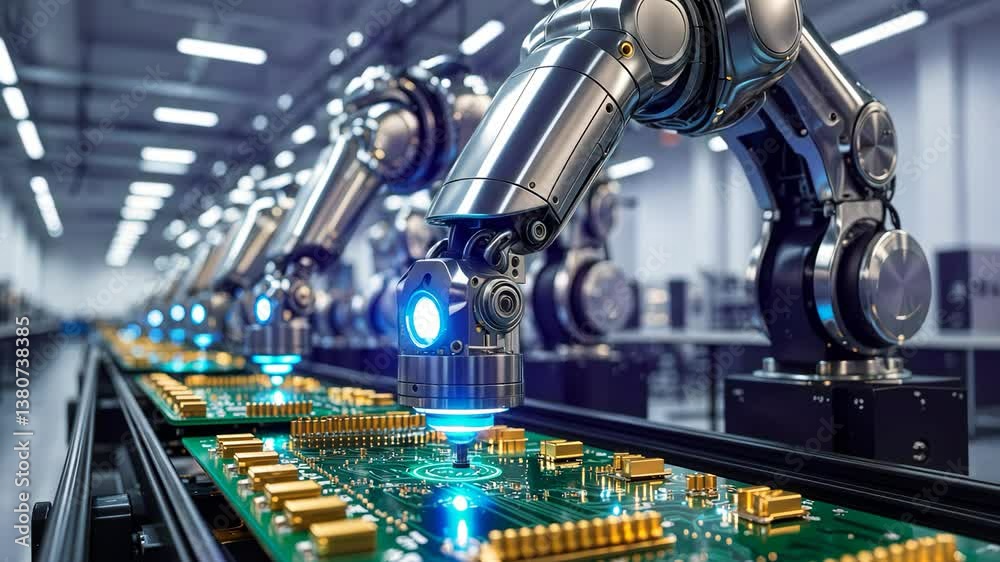 Poster advanced high precision robotic arms in a fully automated pcb assembly line within a modern factory.