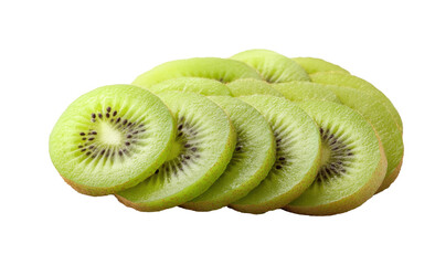 Several vibrant green kiwi fruit slices displaying their characteristic black seeds and light-colored core, arranged slightly overlapping on a transparent background.