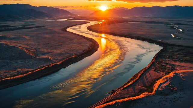 Aerial perspective from the west of the river, mountains, and wilderness. Vibrant sunset reflecting on the large river, seen from above.