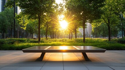 Fototapeta premium renewable energy, clean, climate, A bench under sunlight surrounded by trees in an urban park setting.