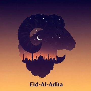 Eid al-Adha Graphic with Ram Silhouette and Mosque Scene