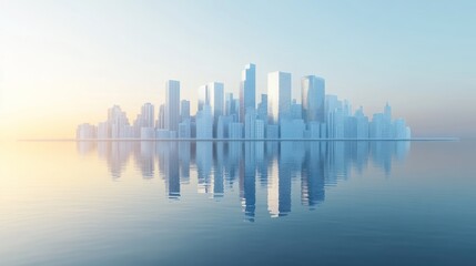 Fototapeta premium Calm futuristic city skyline reflected in water at sunrise.
