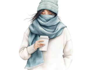 Woman in a hat and scarf holding cup, enjoying the autumn season, warm beverage.