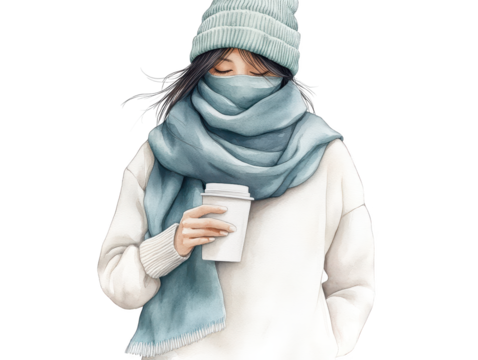Woman in a hat and scarf holding cup, enjoying the autumn season, warm beverage. - Powered by Adobe