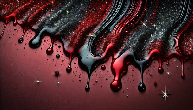 Flie&szlig;ende Farben in Rot und Schwarz mit Glitzer und Sternen. Abstrakte Textur mit dramatischer Wirkung. Ideal f&uuml;r glamour&ouml;se oder luxuri&ouml;se Themen.