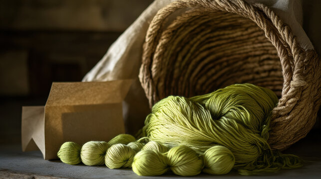 A detailed close-up of hand-dyed silk yarn in lime green tones, intertwined balls arranged beside craft paper parcel and textured straw basket, ambient backlight