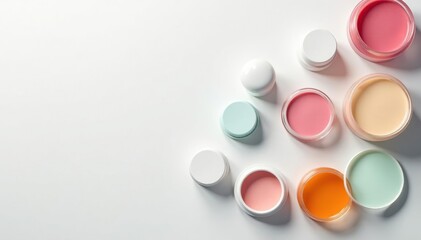 Various cosmetic containers arranged aesthetically on white, simple, product photography, brush