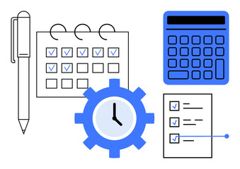 Obraz premium Pen, calendar with marked dates, calculator, clock gear, and task list symbolize time management, productivity, planning, organization project management professional workflow. Ideal for teamwork