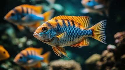 Fototapeta premium Vibrant Aquarium Fish: A Close-Up of a Striking Cichlid