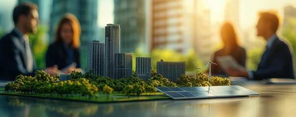 Business Partnerships Driving Awareness for an Eco-Friendly Environment concept. Collaborative urban planning with a model of a sustainable cityscape on a conference table.
