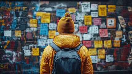 Person in Yellow Jacket Discovering Colorful Street Art Mural