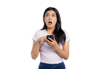 Surprised young Asian woman looking at smartphone with shocked expression, unexpected message or news, isolated on transparent background