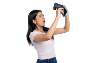 Shocked young Asian woman looking at empty wallet with worried expression, financial problem, isolated on transparent background