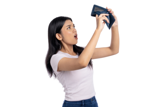Shocked young Asian woman looking at empty wallet with worried expression, financial problem, isolated on transparent background