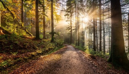 Fototapeta premium sunbeams through the trees primeval forest during the autumn season road or footpath in the forest