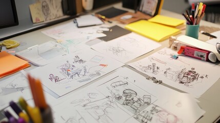 Office table filled with concept sketches, reports, and highlighters, showcasing creative collaboration.