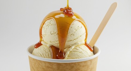 A decadent vanilla ice cream sundae with a glossy caramel drizzle in a rustic paper cup, styled elegantly against a clean white background to highlight its creamy texture and indulgent gourmet appeal.