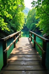 Fototapeta premium Rustic wooden bridge spanning calm river, lush green trees backdrop, reflection, environment, tranquil