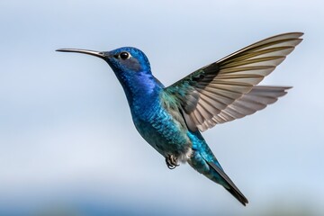 A small, ruby-throated hummingbird in flight displays its blue tail amidst green tropical nature