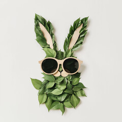 Funny Easter bunny face made with green leaves and sunglasses on white background. Creative Easter concept, playful and trendy design for holiday cards, kids fun and seasonal visuals.