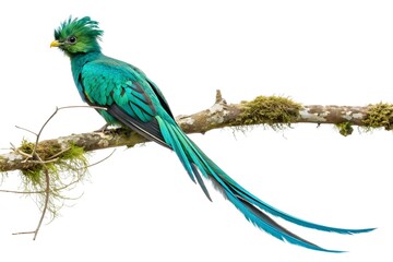 A colorful macaw and parrots, blue and yellow, perch on a wild branch