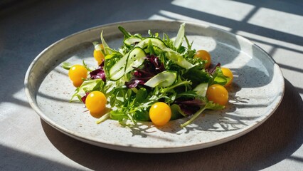 Fresh mixed greens and juicy tomatoes on a clean white plate, great for food or lifestyle photography