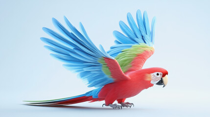 Fototapeta premium Dynamic and colorful 3d illustration of a vibrant parrot in flight against a bright and cheerful background