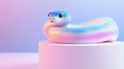Fototapeta premium Elegant and colorful 3d illustration of a snake displaying its beauty on a white pedestal surrounded by artistic flair