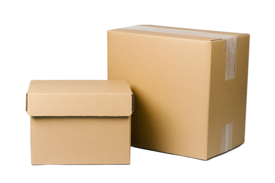 Stacked brown cardboard boxes on white background