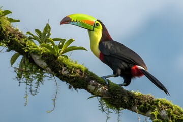 A colorful toucan with a large yellow beak perches on a tropical rainforest tree
