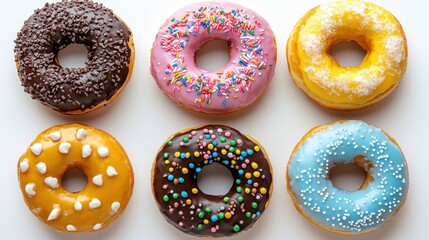Colorful Assorted Donuts with Sprinkles and Frosting on White Background