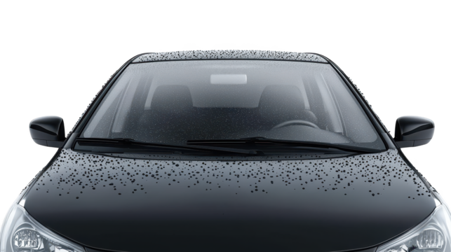 Sleek black car with dotted windshield, a study in light and shadow