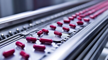 Pill blister packaging line with conveyor belts, automated sorting, and sealing machines.