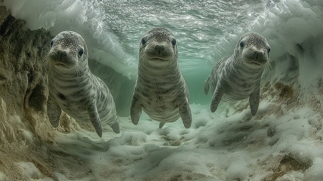 Three Leopard Seals Underwater Encounter