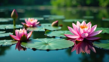 Obraz premium Water lilies and blossoms create a floral pattern on the lake's surface, floral, lake, image