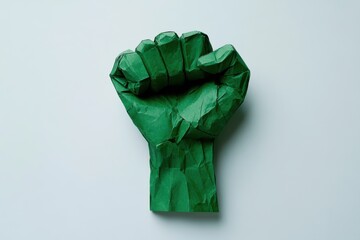 Raised green paper fist on minimalist background symbolizing environmental activism, ecological protest, and sustainability awareness