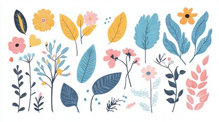 Colorful floral and leaf elements collection.