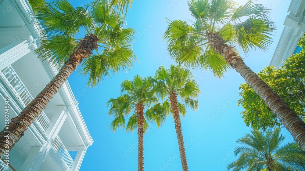 Poster towering palm trees stretch toward the clear blue sky, offering a glimpse of tranquility in a tropic