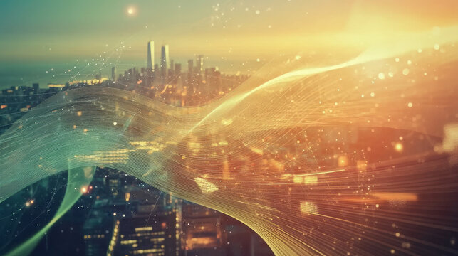 Double exposure business man working on laptop computer and the city. Software developer, programmer coding internet mobile app, modern technology, smart business, internet of things IoT concept.