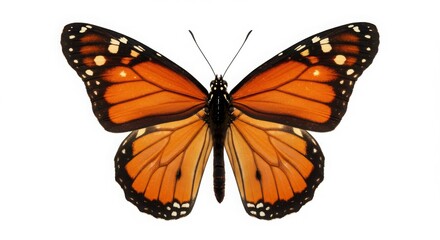 Obraz premium A detailed monarch butterfly with vibrant orange wings and intricate patterns isolated on a white background celebrating natural beauty and biodiversity