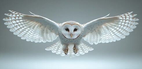 A barn owl in flight, wings outstretched, against a soft gray background.  Its white and brown feathers are beautifully detailed.